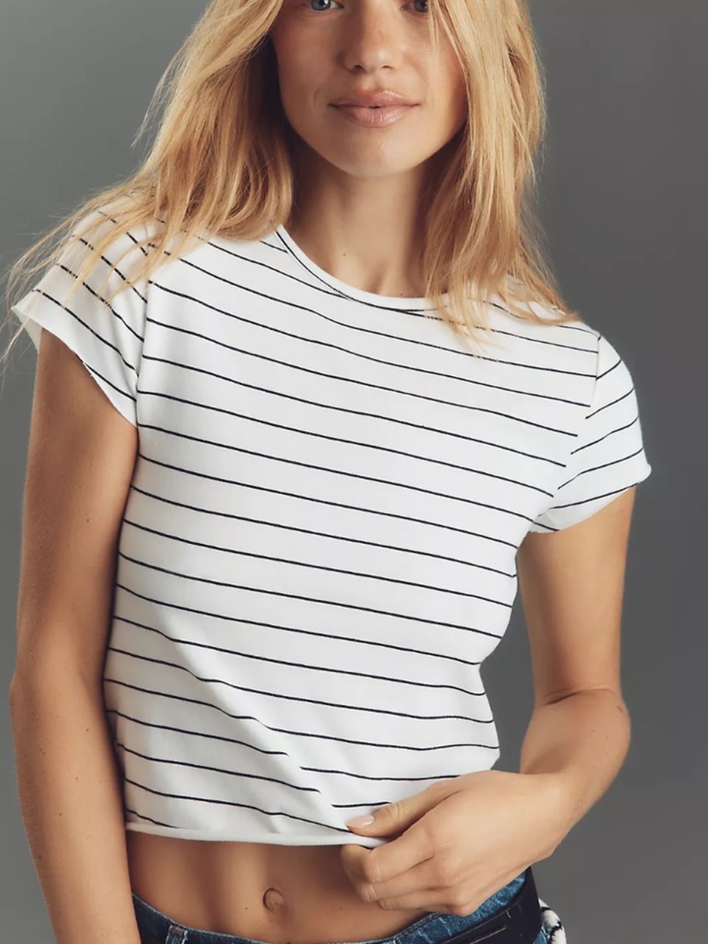 NWOT Anthropologie The Evan White and Black Striped raw edge baby tee Medium